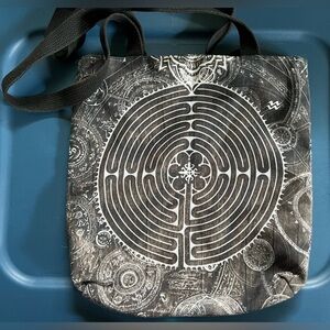 Mystical Labyrinth artist designed (NOT AI!) Black and White Patterned Tote Bag